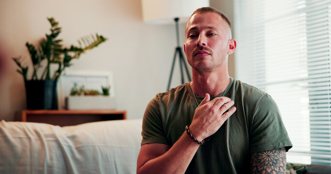 Relax, eft and tapping with man on sofa in home for ptsd treatment, mental health and war veteran. Pressure point, soldier trauma release and army deployment with person in living room for self care