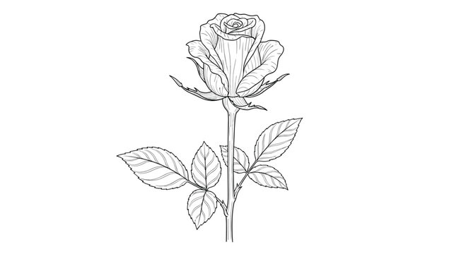 Delicate black and white line drawing of a single rose flower with leaves and thorns on a long stem for artistic coloring.