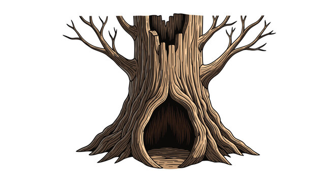 Large old tree trunk with a dark hollow opening at the base and bare branches against a clean white background.