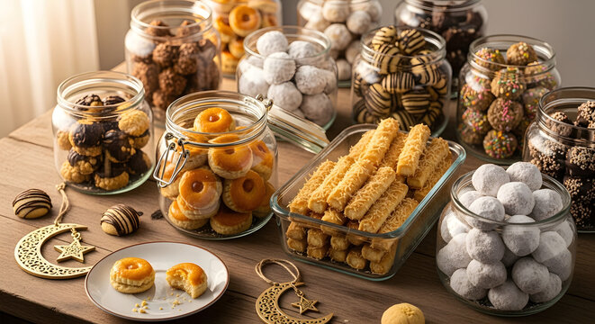 Close-up of assorted traditional cookies and snacks in jars and plates.