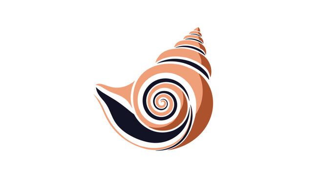 Stylized illustration of a spiral conch shell with shades of orange and dark blue on a clean white background for design.