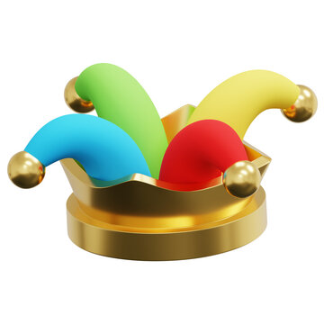 3D Colorful Jester Hat Golden Pedestal Playful Festival Carnival Fool Cap Icon