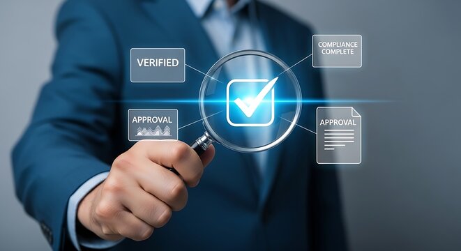 A businessman examines digital verification icons with a magnifying glass symbolizing data security