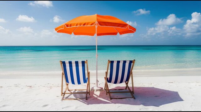 Serene beach scene with striped deck chairs under a bright orange umbrella on a sunny day