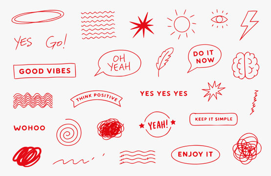 Red pen scratch doodle and short phrases collection for hand drawn notes, journaling and graphic design. Thin red marker doodles and scribbles, hand drawn stickers, emphasis vector elements.