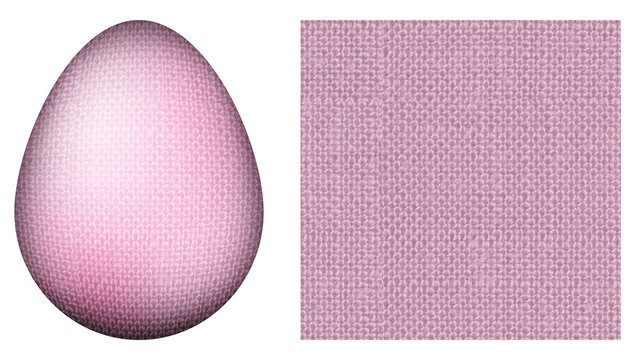 Isolated 3D Easter egg and seamless pink fabric texture on transparent background. Pastel textile egg with cotton surface for rustic design.	