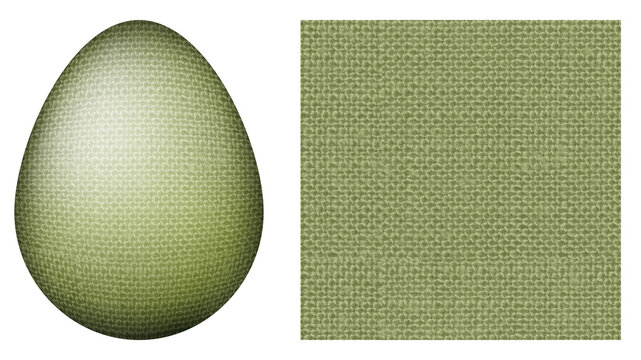 Isolated 3D Easter egg and seamless mint green fabric texture on transparent background. Pastel textile egg with linen surface.