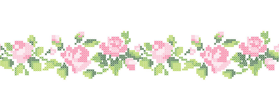 Seamless Cross Stitch Rose Border Floral Embroidery Lace Pattern Vintage Cottagecore Vector