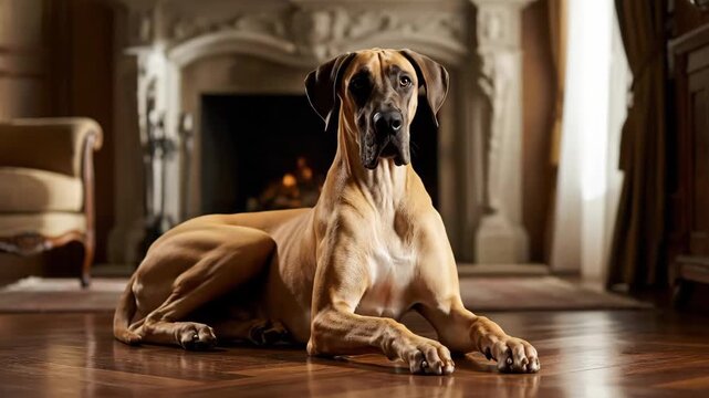 Majestic Great Dane Dog Relaxing on Hardwood Floor by Fireplace
