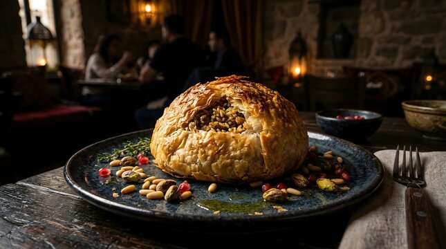 Gourmet Lebanese Ouzi Filo Pastry Pouch with Spiced Rice and Meat