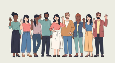Obraz premium Flat vector illustration of a diverse group of people standing side by side.