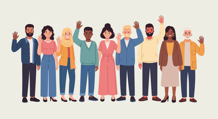 Obraz premium Flat vector illustration of a diverse group of people standing side by side.