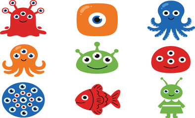 Obraz premium Cute Alien and Sea Creature Cartoon Character Set with Funny Monsters Octopus Fish and Fantasy Kids Vector Illustration Collection Design.