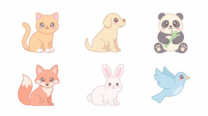 Fototapeta premium Adorable collection of cute cartoon animals including a fox, bunny, panda, cat, dog, and bird