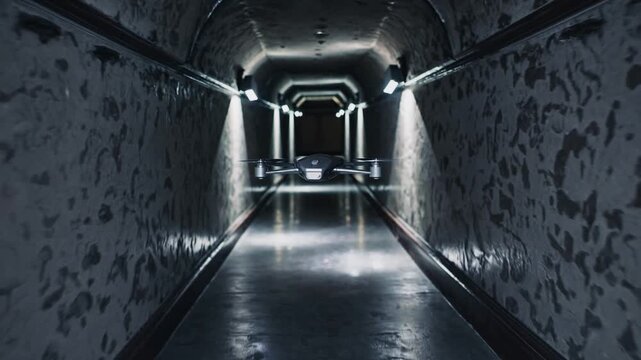 Dark corridor with hovering drone, tense surveillance flight through abandoned underground passage, metallic walls with peeling paint, low ceiling lights casting harsh shadows and reflections