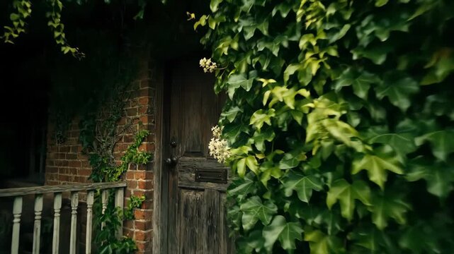 Old wooden door and brick wall covered in lush green ivy