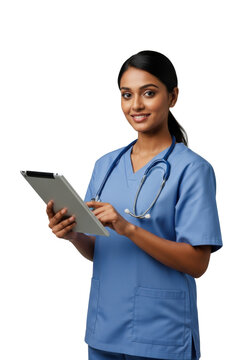 Young adult South Asian female healthcare professional in blue scrubs, stethoscope, confidently smiling, interacting with a silver digital tablet against a transparent studio background, modern