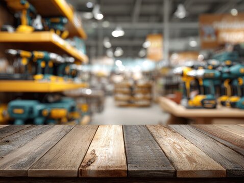 Empty rustic wooden table with blurred hardware store background.