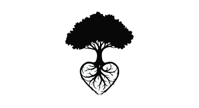 Symbolic tree with heart-shaped roots representing love and life