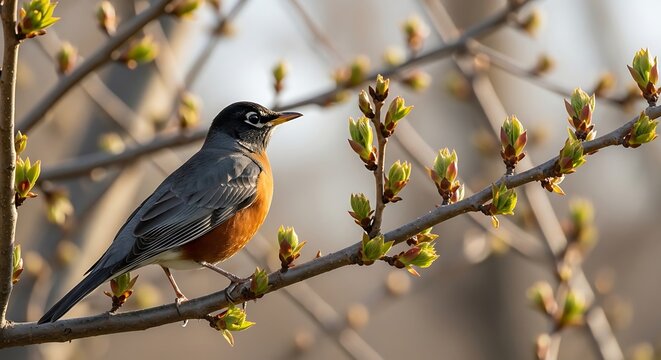 American Robin bird perched on a tree branch with emerging spring buds in soft natural light