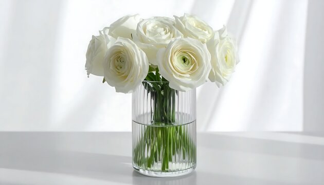 A clear vase with white roses on a table