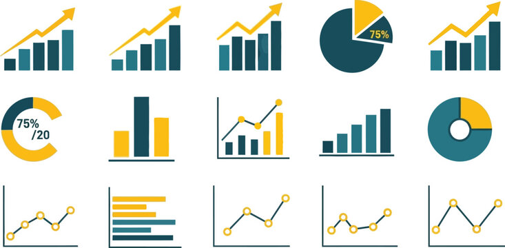 Several teal and yellow graphic icons display various chart types, including pie charts and bar graphs, representing statistical.