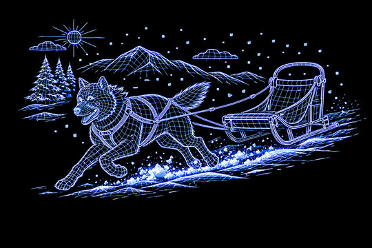 Glowing blue dog sled, winter landscape, neon illustration, Christmas decoration