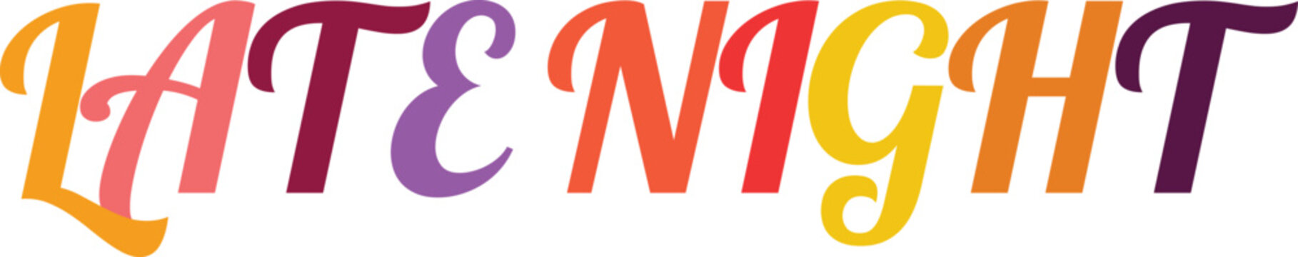 Late night isolated vector lettering design, colorful text for after-hours services and evening activities.