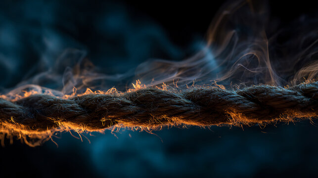 Close-up of a fraying rope with glowing fibers and smoke rising, set against a dark, blurred background.