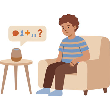 A boy sits on a couch looking confused with a speech bubble showing math problems near a table with a jar