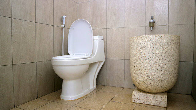 Modern tiled bathroom with open toilet, bidet sprayer, and large stone vessel sink or basin, clean minimalist interior.