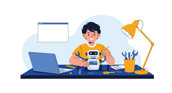 A young boy at his desk building a robot with tools and a laptop nearby showing a stem education and robotics hobby concept.
