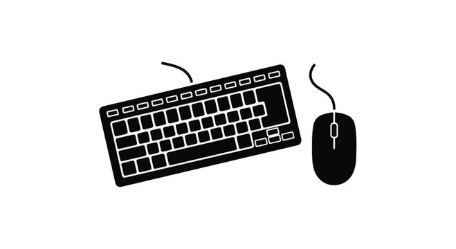Simple black and white illustration of a computer keyboard and mouse on a white background