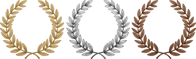 Obraz premium Three laurel wreath variations gold sketch and brown on white background Keywords: laurel wreath, award, victory, success