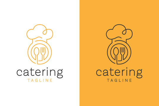 Catering chef hat with a spoon and fork monoline logo design template