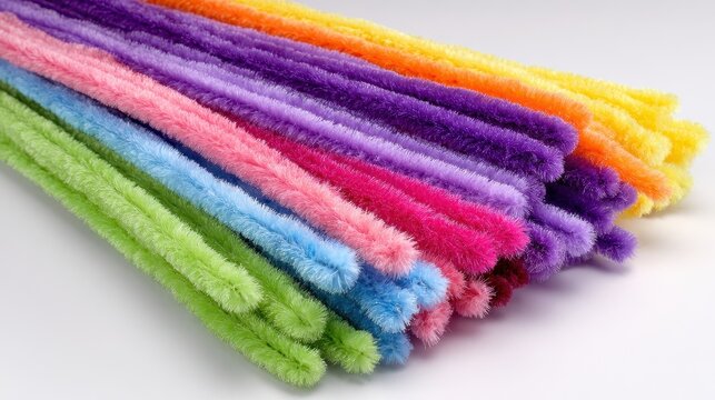 Close up of a colorful assortment of fluffy pipe cleaners in vibrant shades of green pink blue purple and yellow with a sparkling glitter texture against a clean white background perfect for crafts