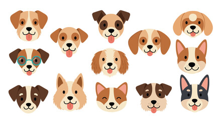 Naklejka premium A collection of various cute dog faces and heads with different breeds and expressions isolated on a clean white background.