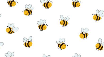 Obraz premium A seamless pattern of cute and happy cartoon bees flying in different directions on a simple and clean white background.