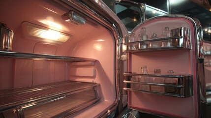 Fototapeta premium Retro style pink refrigerator interior with illuminated shelving and open door showcasing bottles