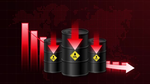 Crude oil price drop and market downturn concept. Oil barrels with red arrow and falling chart. Visualizing price decline, energy crisis, supply disruption, and economic recession. 4K animation