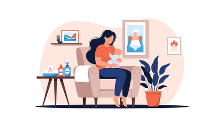 Fototapeta premium A new mother sits comfortably in an armchair in her living room while lovingly holding her newborn baby in a peaceful scene.