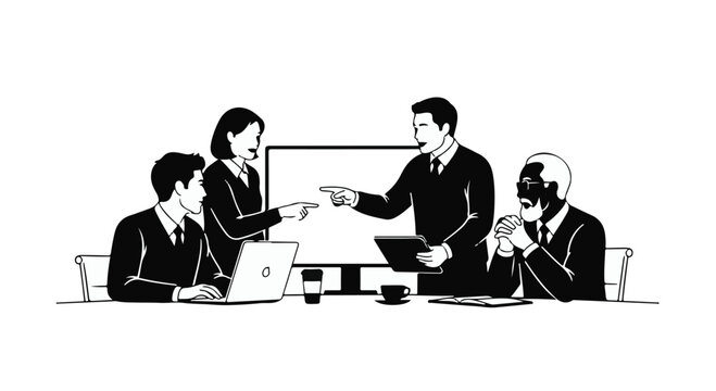 Diverse business team collaborates and brainstorms during a meeting, pointing at a screen.