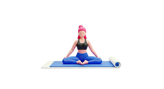 3D Cartoon Woman Meditating on Yoga Mat