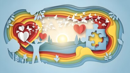 Naklejka premium Papercut Art: Human Silhouette, Hearts, Butterflies, Puzzle, Rainbow Landscape