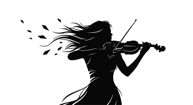 Silhouette of a woman playing violin with hair and dress transforming into abstract shapes