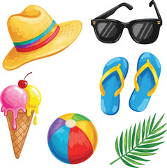Fototapeta premium Set of Summer Holiday Essentials and Tropical Beach Elements on White Background