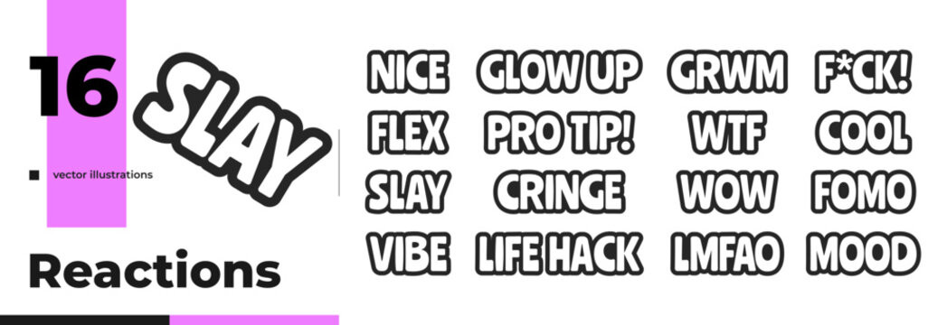 Trendy slang reactions bold outline call to action words pack. Online culture. Gen z viral social media. Black and white text. Bubble lettering. Playful stickers web design. Ranchers font used