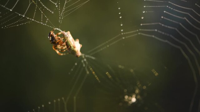 Spider wrapping prey in web threads in golden morning light with dew drops and soft background, Stora Karls&ouml; island, Gotland Sweden