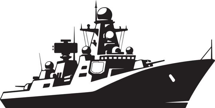 Military warship, naval vessel, black silhouette, vector illustration, combat ship