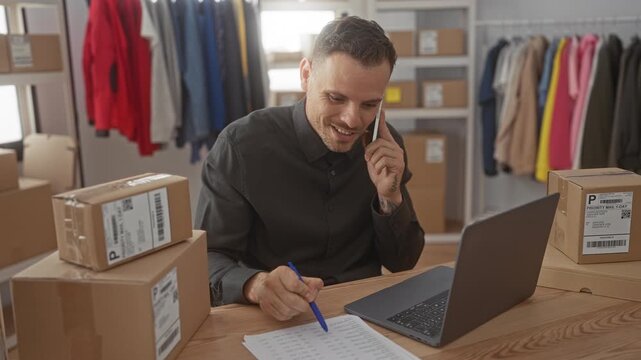 Man on phone writes on invoice with pen amid shipping boxes and clothing racks in studio; order fulfillment focused.